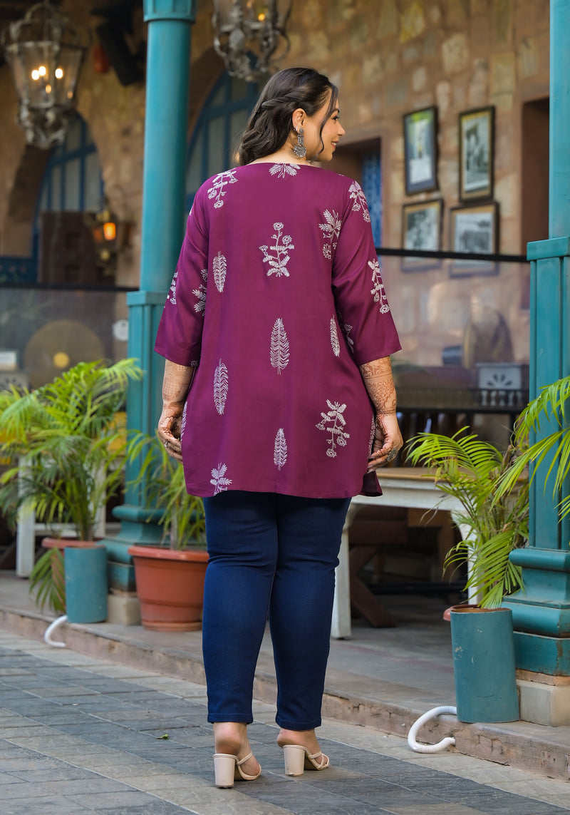 Women’s Maroon Rayon Floral Printed Top (Plus Size)