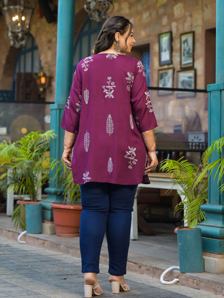 Women’s Maroon Rayon Floral Printed Top (Plus Size)