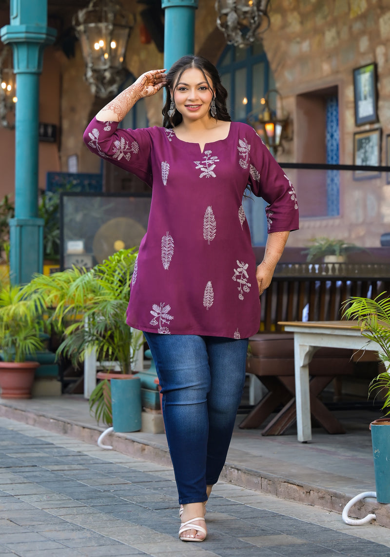 Women’s Maroon Rayon Floral Printed Top (Plus Size)