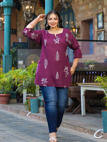 Women’s Maroon Rayon Floral Printed Top (Plus Size)