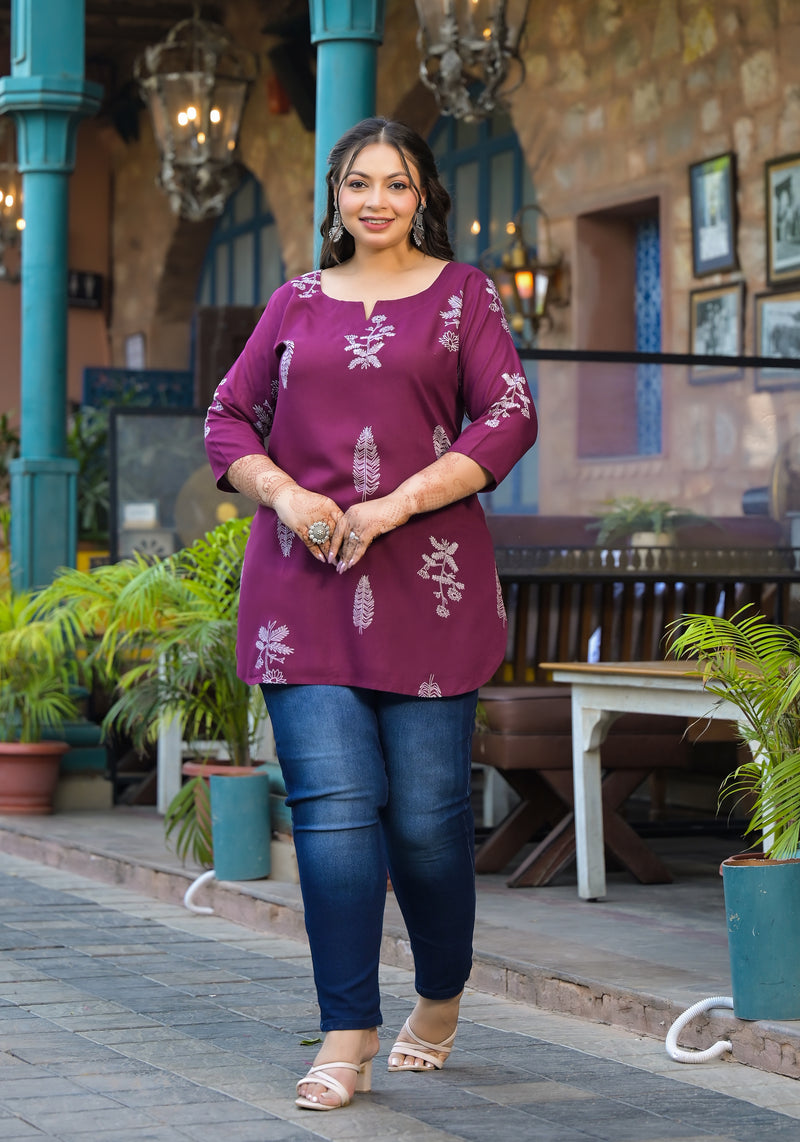 Women’s Maroon Rayon Floral Printed Top (Plus Size)