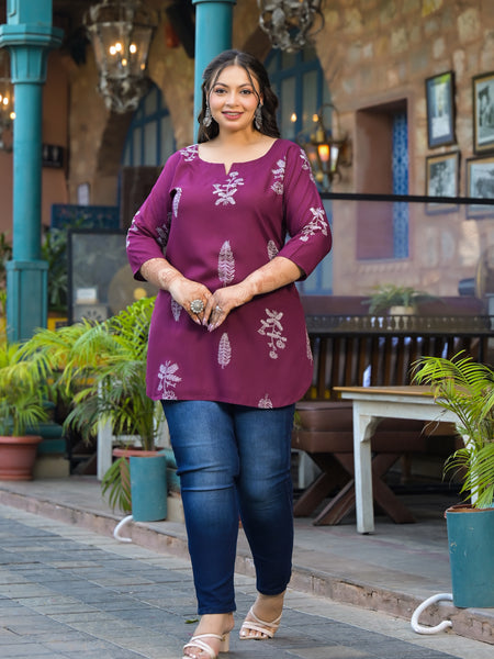 Women’s Maroon Rayon Floral Printed Top (Plus Size)