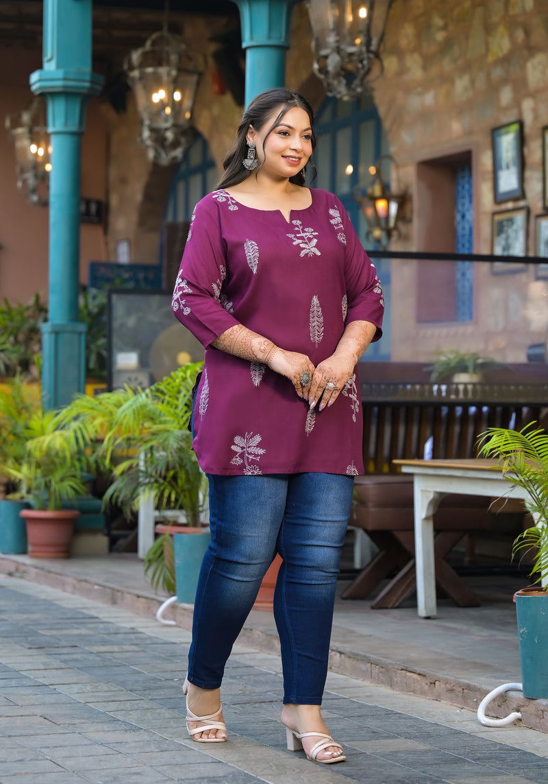 Women’s Maroon Rayon Floral Printed Top (Plus Size)