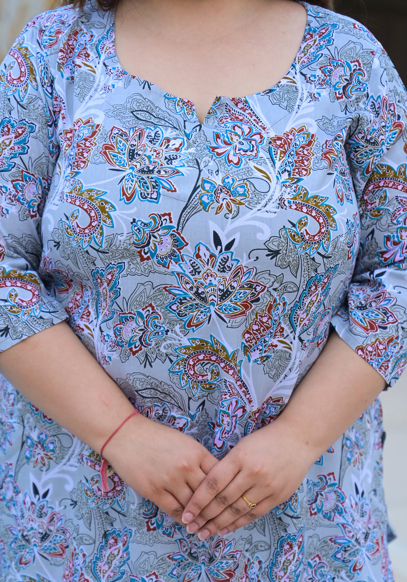 Women’s Grey Floral Printed Rayon Comfort Top (Plus Size)