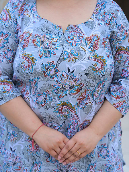 Women’s Grey Floral Printed Rayon Comfort Top (Plus Size)