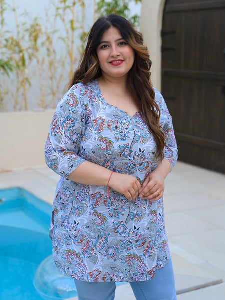 Women’s Grey Floral Printed Rayon Comfort Top (Plus Size)