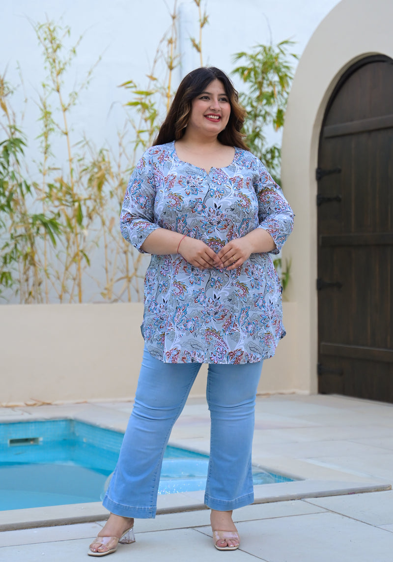 Women’s Grey Floral Printed Rayon Comfort Top (Plus Size)