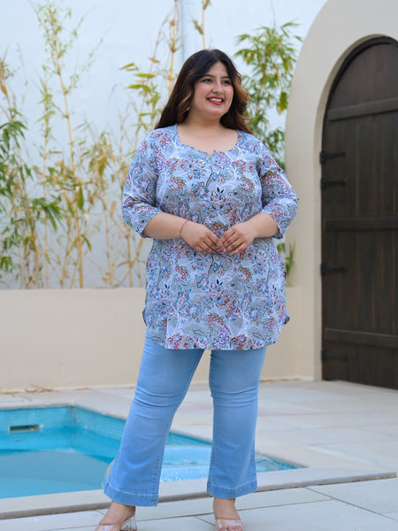 Women’s Grey Floral Printed Rayon Comfort Top (Plus Size)