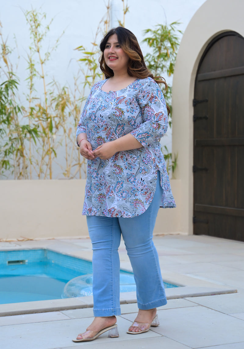 Women’s Grey Floral Printed Rayon Comfort Top (Plus Size)