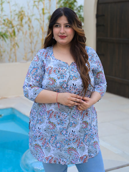 Women’s Grey Floral Printed Rayon Comfort Top (Plus Size)