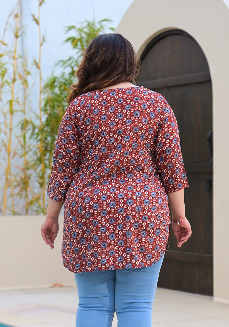 Women’s Maroon & Blue Printed Rayon Everyday Top (Plus Size)