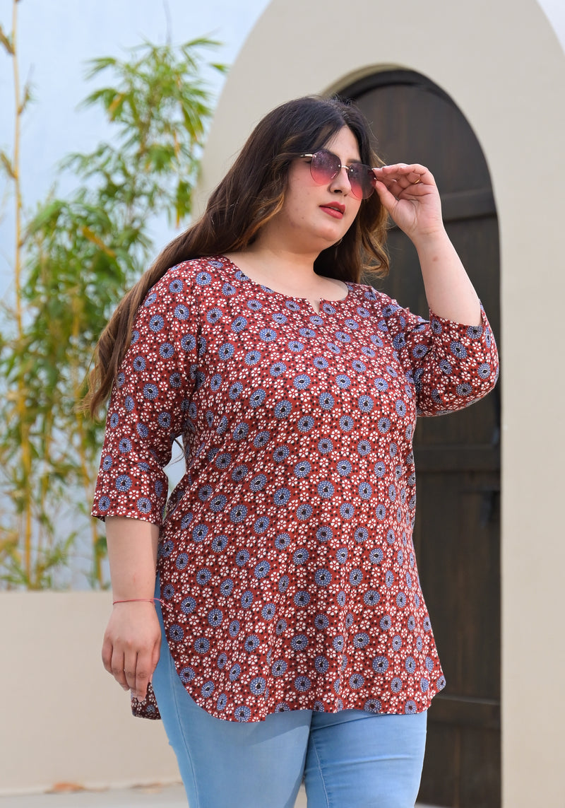 Women’s Maroon & Blue Printed Rayon Everyday Top (Plus Size)