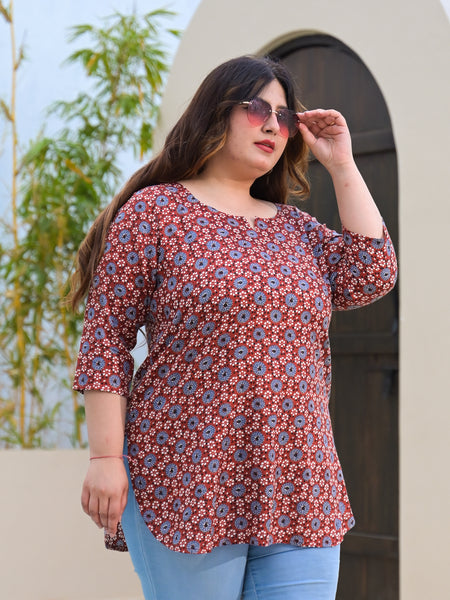 Women’s Maroon & Blue Printed Rayon Everyday Top (Plus Size)