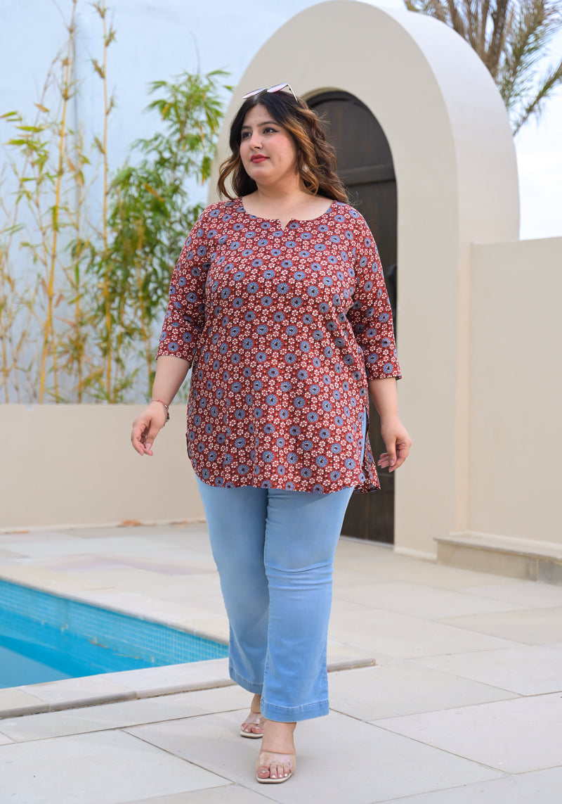 Women’s Maroon & Blue Printed Rayon Everyday Top (Plus Size)