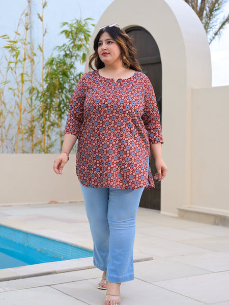 Women’s Maroon & Blue Printed Rayon Everyday Top (Plus Size)