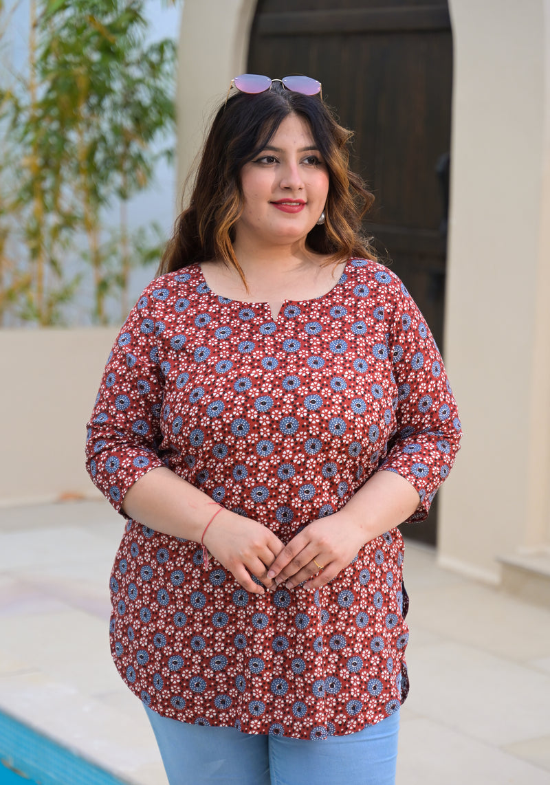 Women’s Maroon & Blue Printed Rayon Everyday Top (Plus Size)