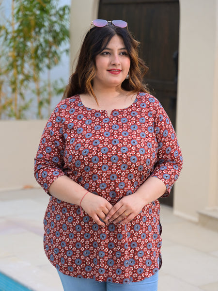 Women’s Maroon & Blue Printed Rayon Everyday Top (Plus Size)