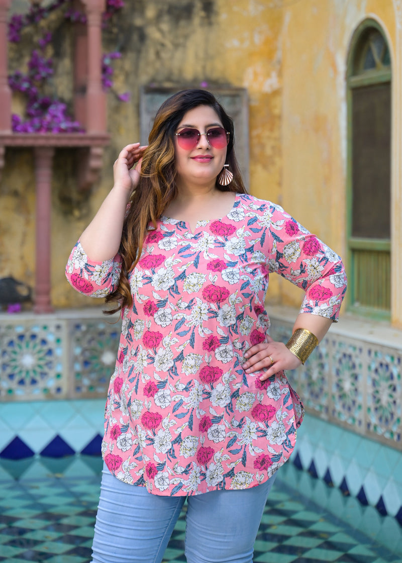 Women’s Light Pink Floral Printed Cotton Comfort Top (Plus Size)