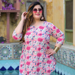 Women’s Light Pink Floral Printed Cotton Comfort Top (Plus Size)
