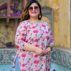Women’s Light Pink Floral Printed Cotton Comfort Top (Plus Size)