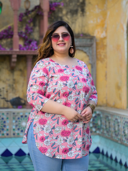 Women’s Light Pink Floral Printed Cotton Comfort Top (Plus Size)
