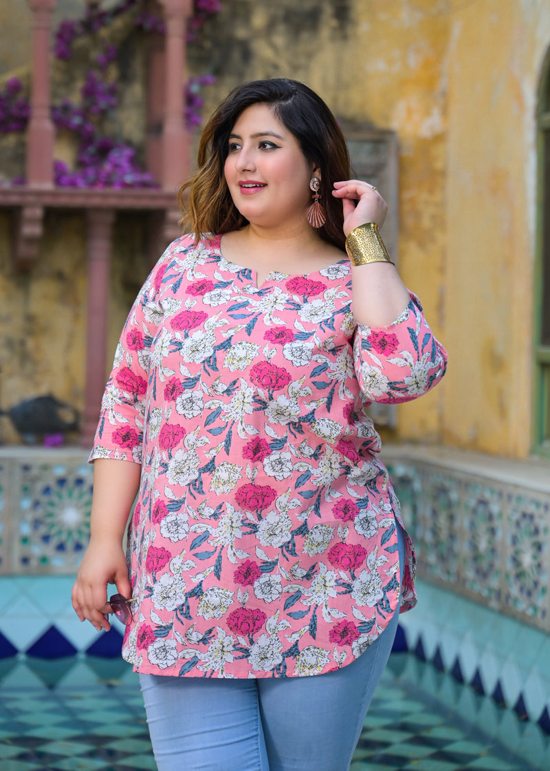 Women’s Light Pink Floral Printed Cotton Comfort Top (Plus Size)