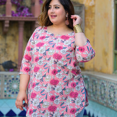 Women’s Light Pink Floral Printed Cotton Comfort Top (Plus Size)