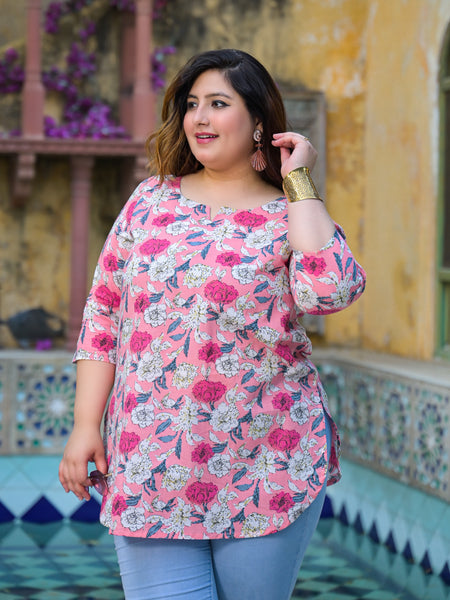 Women’s Light Pink Floral Printed Cotton Comfort Top (Plus Size)