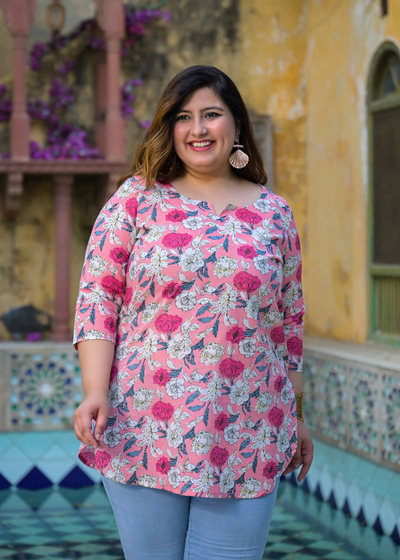 Women’s Light Pink Floral Printed Cotton Comfort Top (Plus Size)