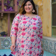 Women’s Light Pink Floral Printed Cotton Comfort Top (Plus Size)