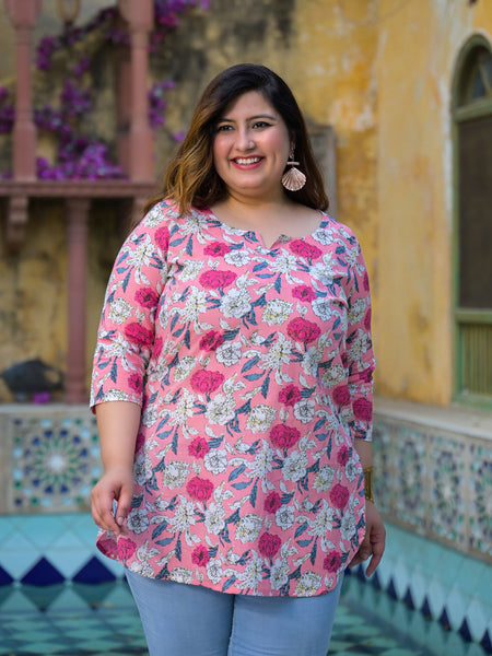 Women’s Light Pink Floral Printed Cotton Comfort Top (Plus Size)