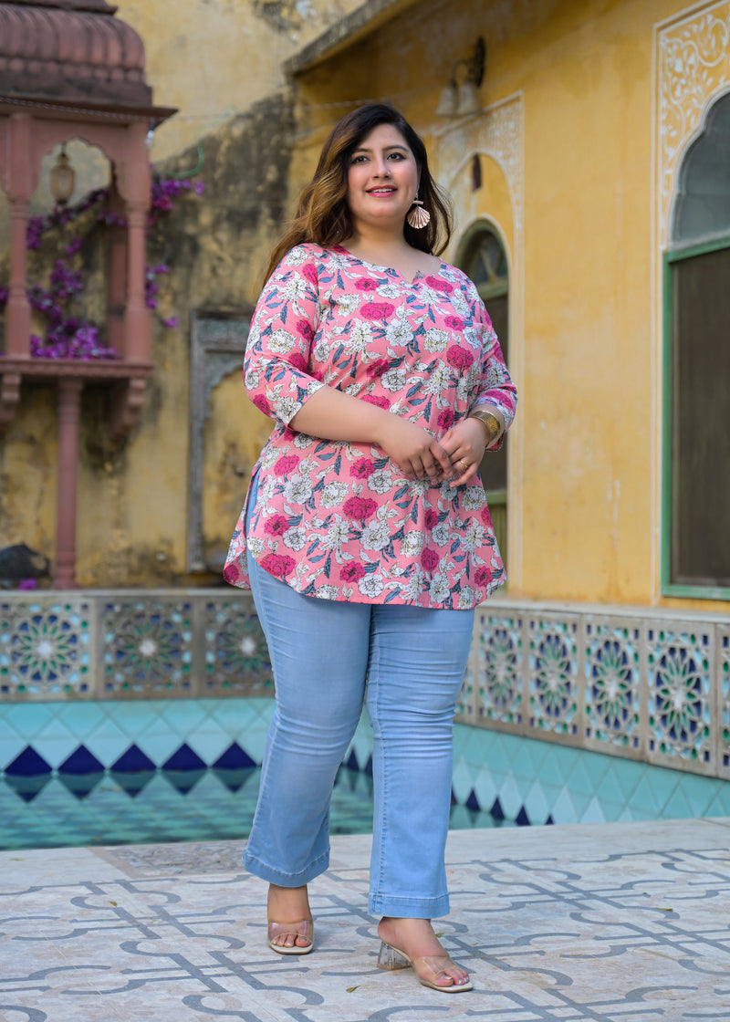 Women’s Light Pink Floral Printed Cotton Comfort Top (Plus Size)