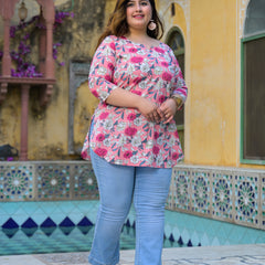 Women’s Light Pink Floral Printed Cotton Comfort Top (Plus Size)
