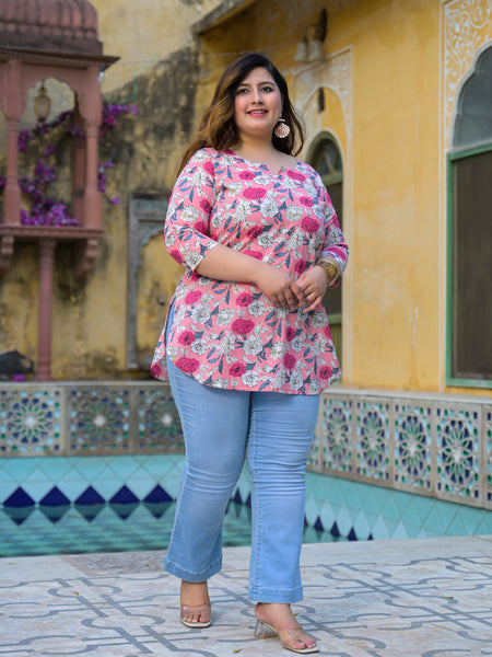 Women’s Light Pink Floral Printed Cotton Comfort Top (Plus Size)