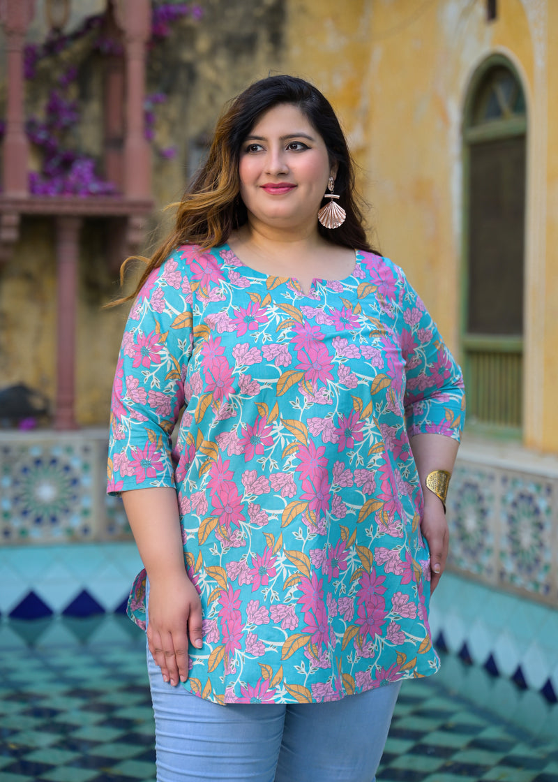 Women’s Teal Floral Printed Cotton Casual Top (Plus Size)