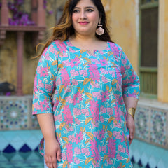 Women’s Teal Floral Printed Cotton Casual Top (Plus Size)