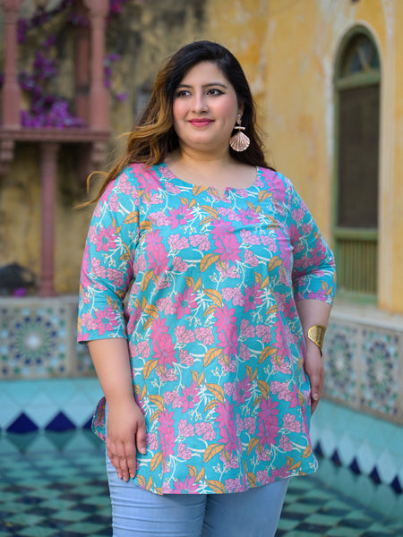 Women’s Teal Floral Printed Cotton Casual Top (Plus Size)