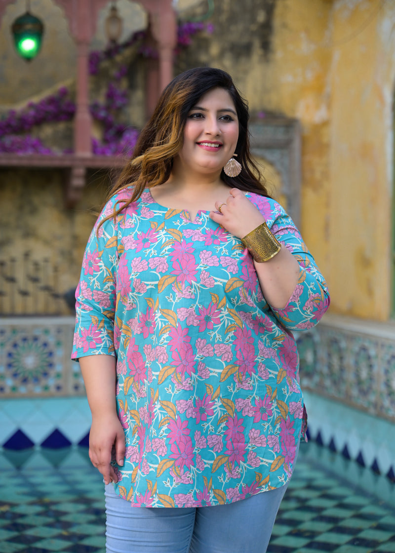 Women’s Teal Floral Printed Cotton Casual Top (Plus Size)