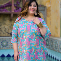 Women’s Teal Floral Printed Cotton Casual Top (Plus Size)