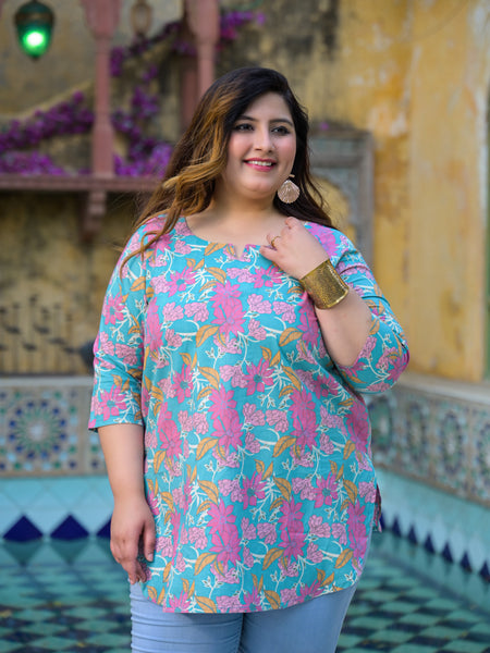 Women’s Teal Floral Printed Cotton Casual Top (Plus Size)