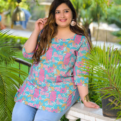 Women’s Teal Floral Printed Cotton Casual Top (Plus Size)