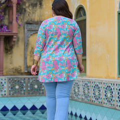 Women’s Teal Floral Printed Cotton Casual Top (Plus Size)