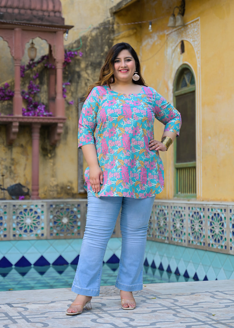 Women’s Teal Floral Printed Cotton Casual Top (Plus Size)