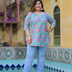 Women’s Teal Floral Printed Cotton Casual Top (Plus Size)