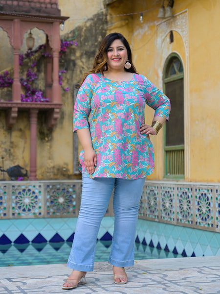 Women’s Teal Floral Printed Cotton Casual Top (Plus Size)