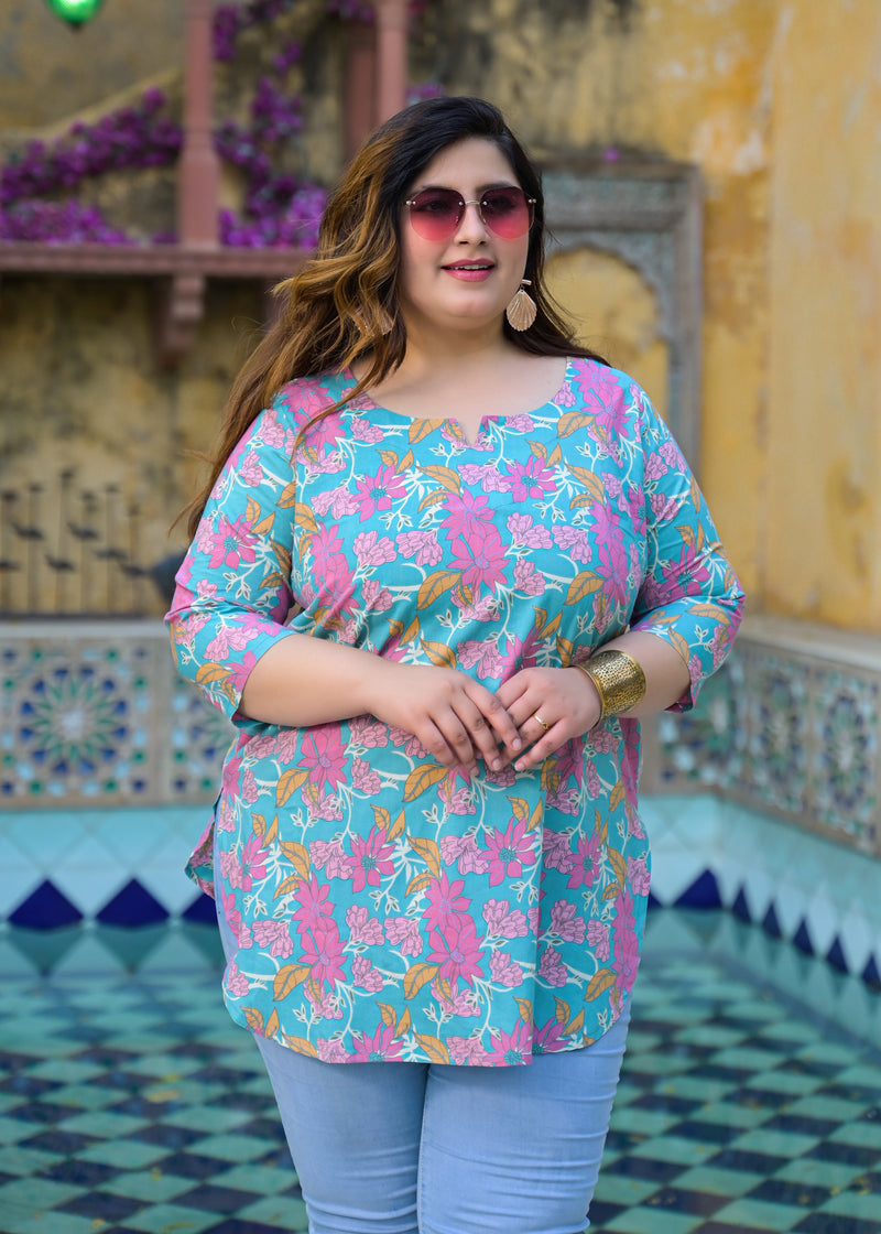 Women’s Teal Floral Printed Cotton Casual Top (Plus Size)