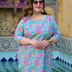 Women’s Teal Floral Printed Cotton Casual Top (Plus Size)