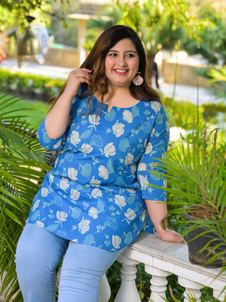 Women’s Turquoise Cotton Floral Printed Casual Top (Plus Size)