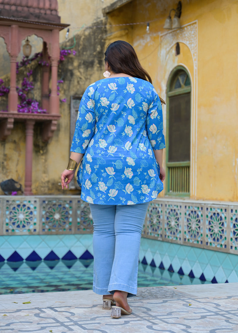 Women’s Turquoise Cotton Floral Printed Casual Top (Plus Size)