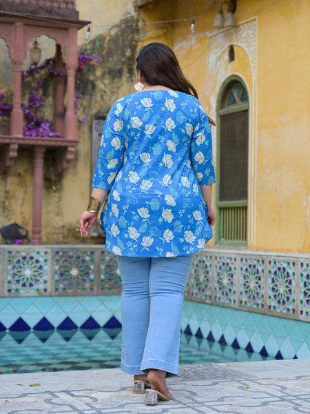 Women’s Turquoise Cotton Floral Printed Casual Top (Plus Size)